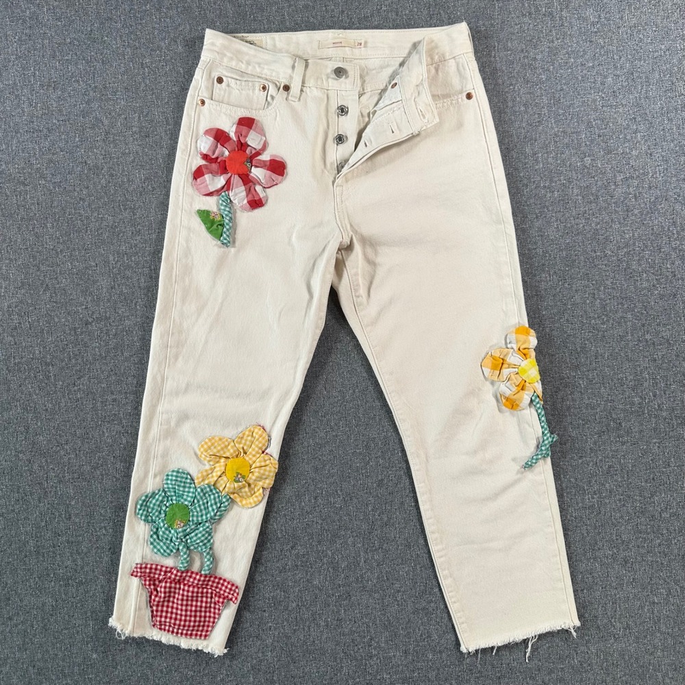 Levi's Jeans Womens 28 Wedgie Straight Off-White Floral Patchwork Gingham